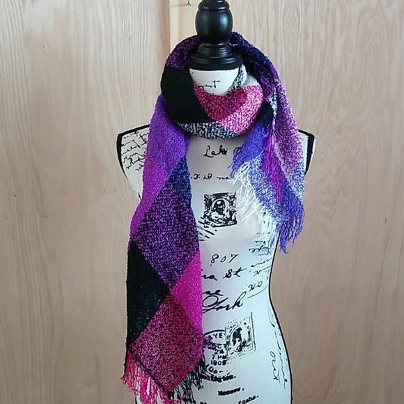 Checked Fringe square scarf purple black pink - Picture 4 of 8